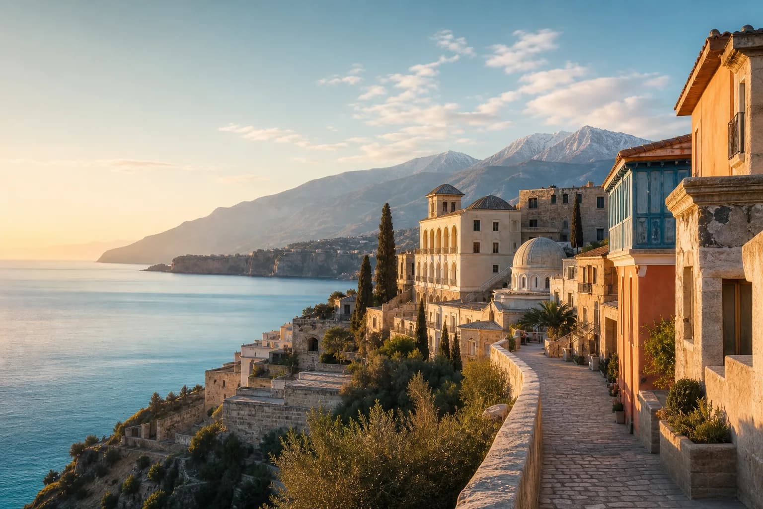 Un paisaje mediterráneo y europeo sereno que representa destinos internacionales