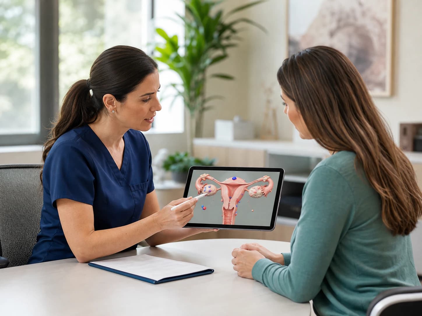 Una cirujana ginecológica explica a una paciente adulta la anatomía de ovarios, trompas y endometriosis