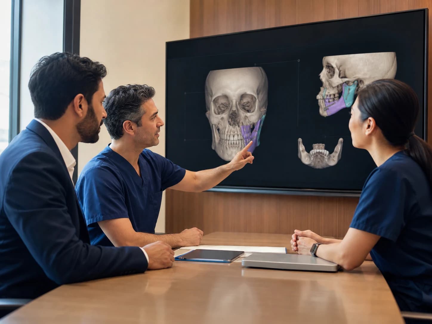 Un equipo multidisciplinar y un paciente revisan un plan tridimensional de reconstrucción maxilofacial