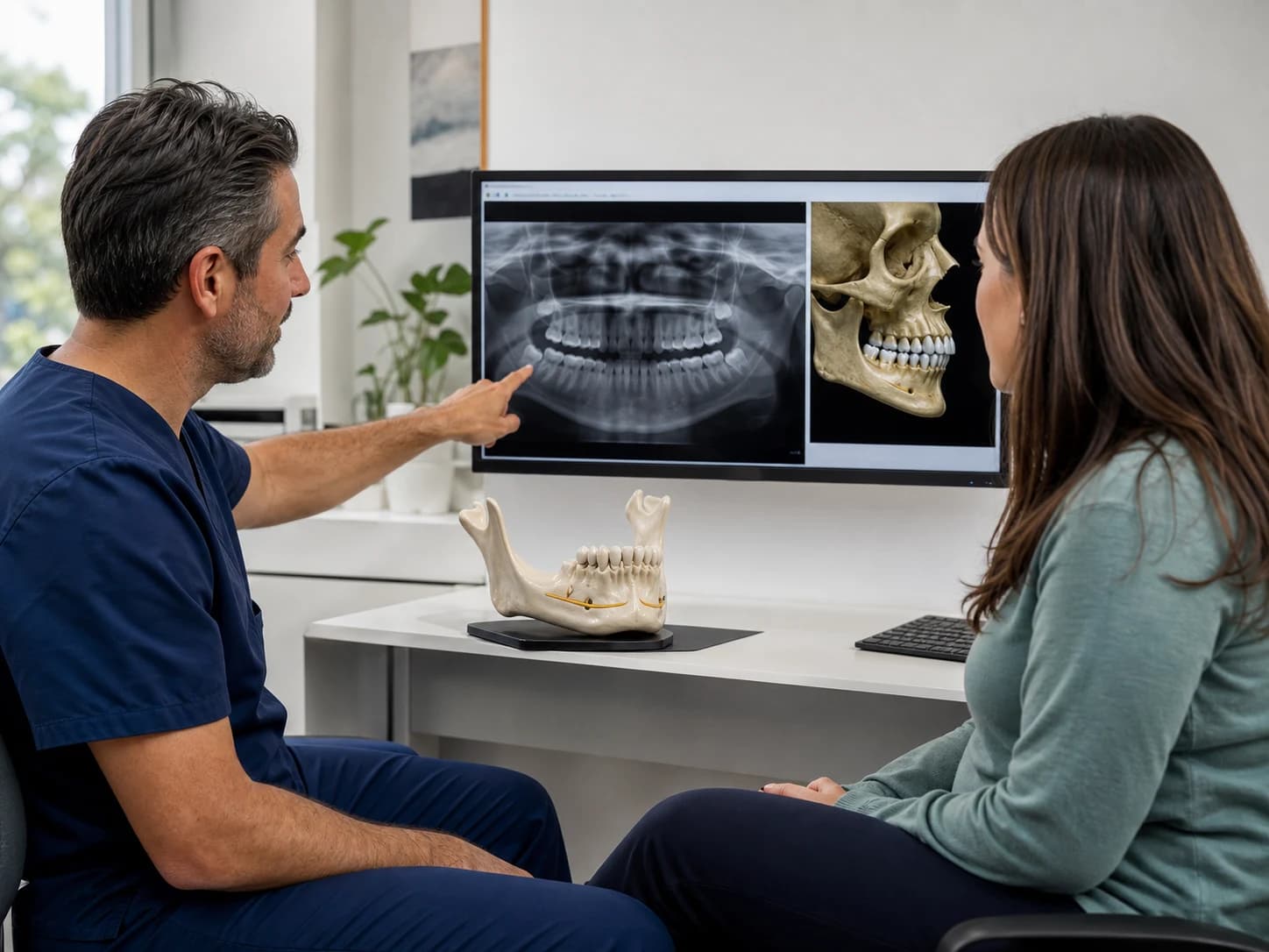 Un cirujano maxilofacial y una paciente revisan una radiografía panorámica y un modelo mandibular