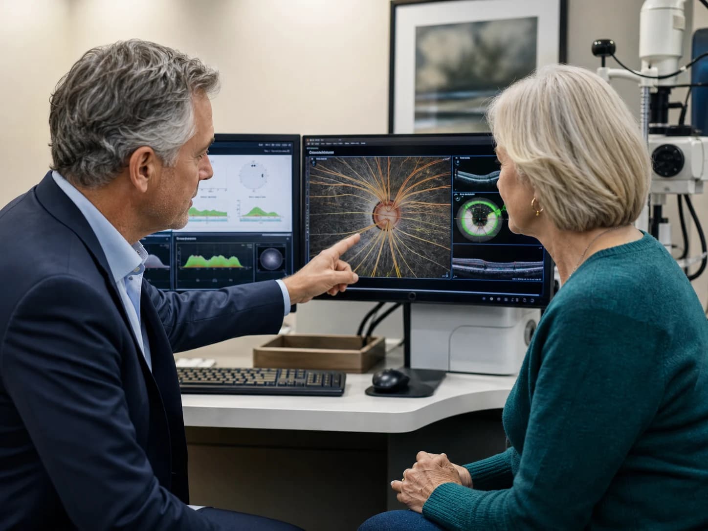 Un oftalmólogo y una paciente adulta revisan imágenes del nervio óptico durante el seguimiento del glaucoma