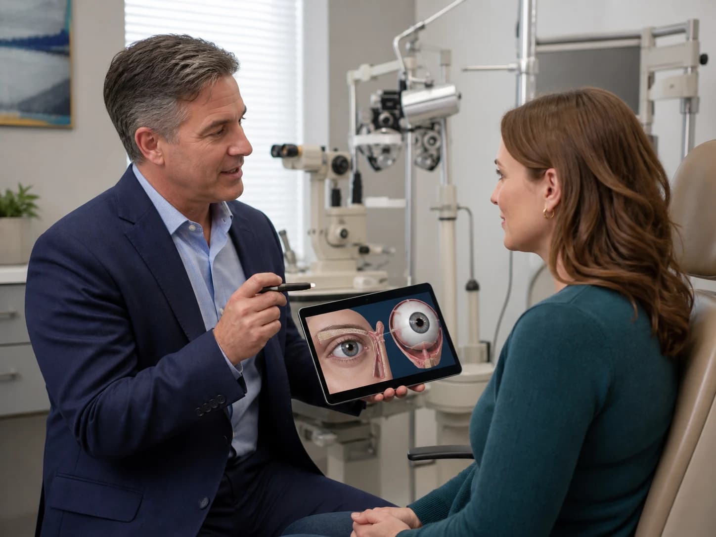 Un oftalmólogo explica a una paciente adulta la anatomía de párpados, vías lagrimales y posición ocular