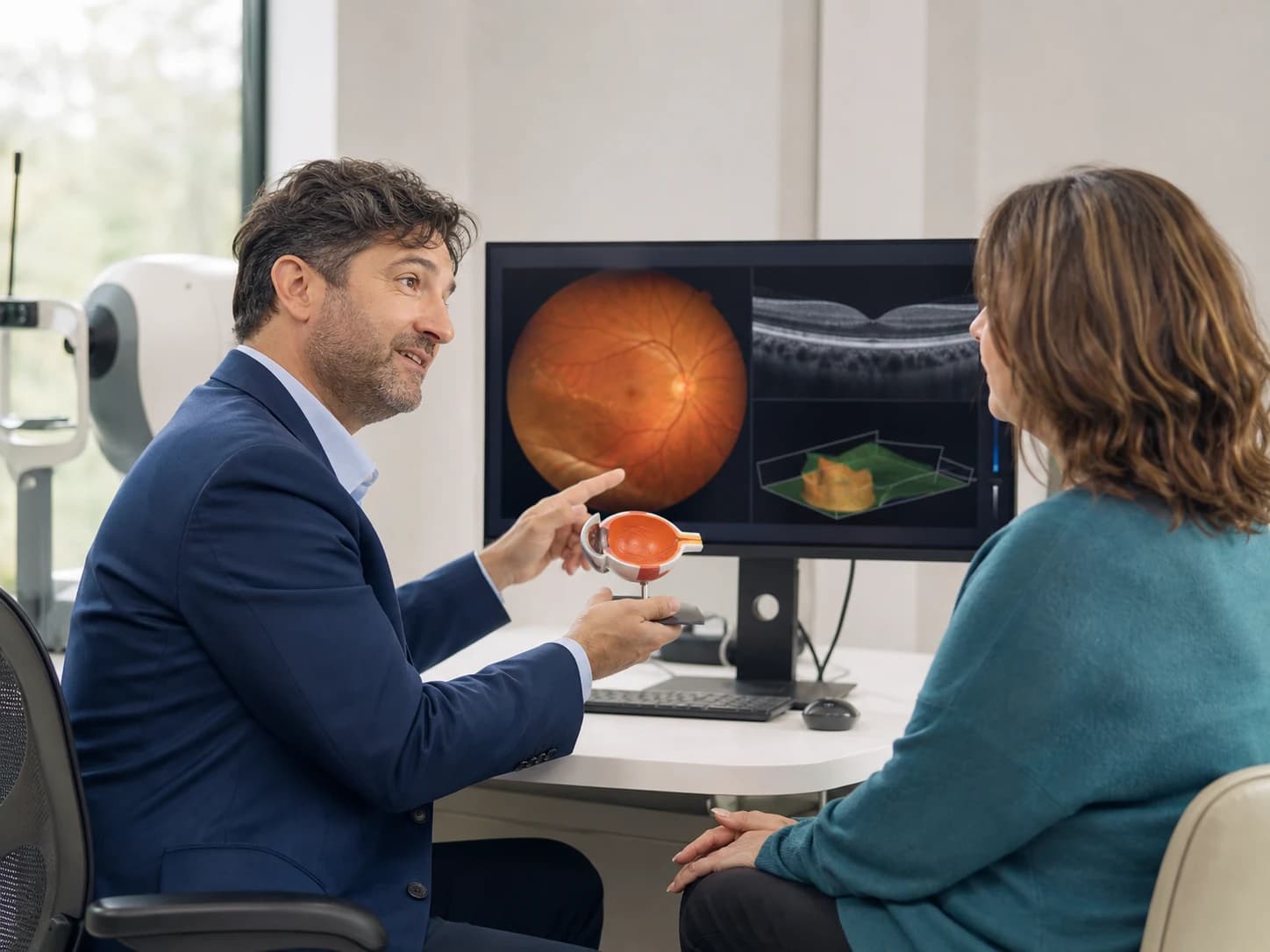 Un especialista en retina explica imágenes retinianas y un modelo anatómico del ojo a una paciente adulta